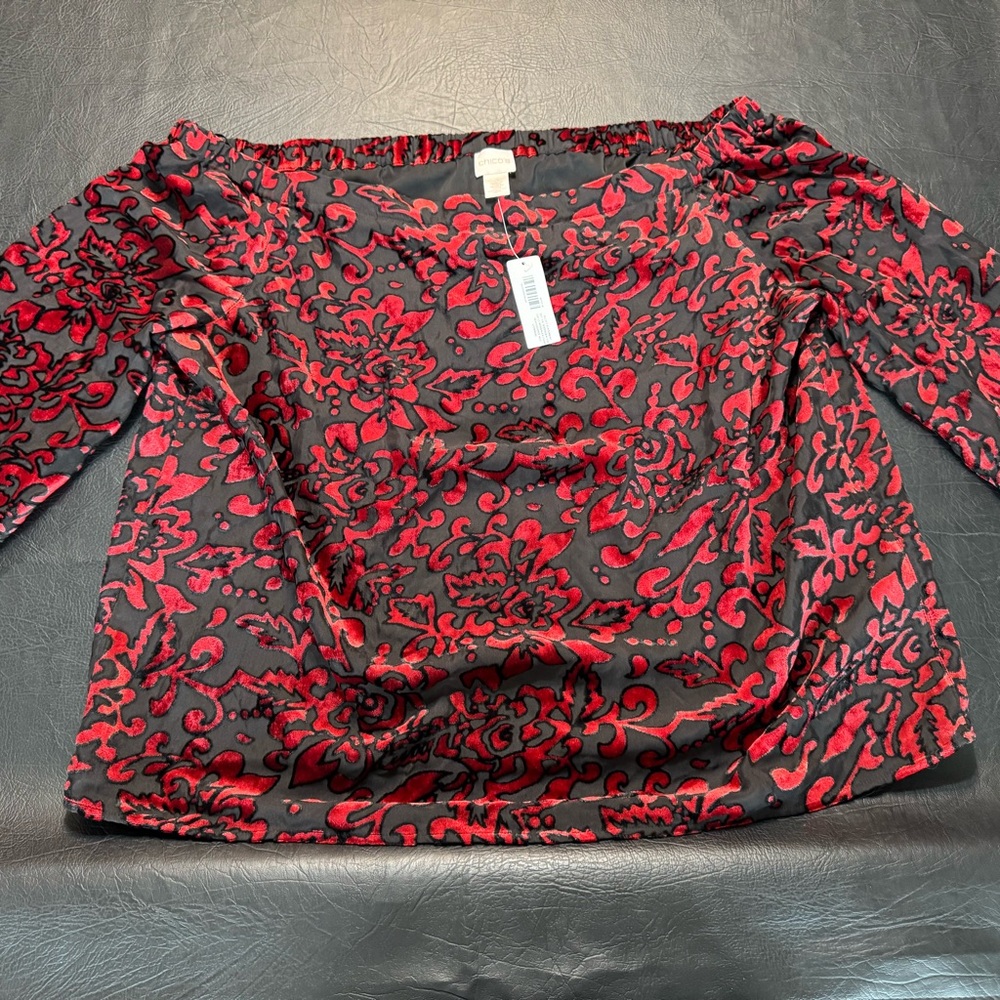 Chico’s Velvet Burnout Off Shoulder Top Size 3 (XL) NWT Red Black Boho Romantic